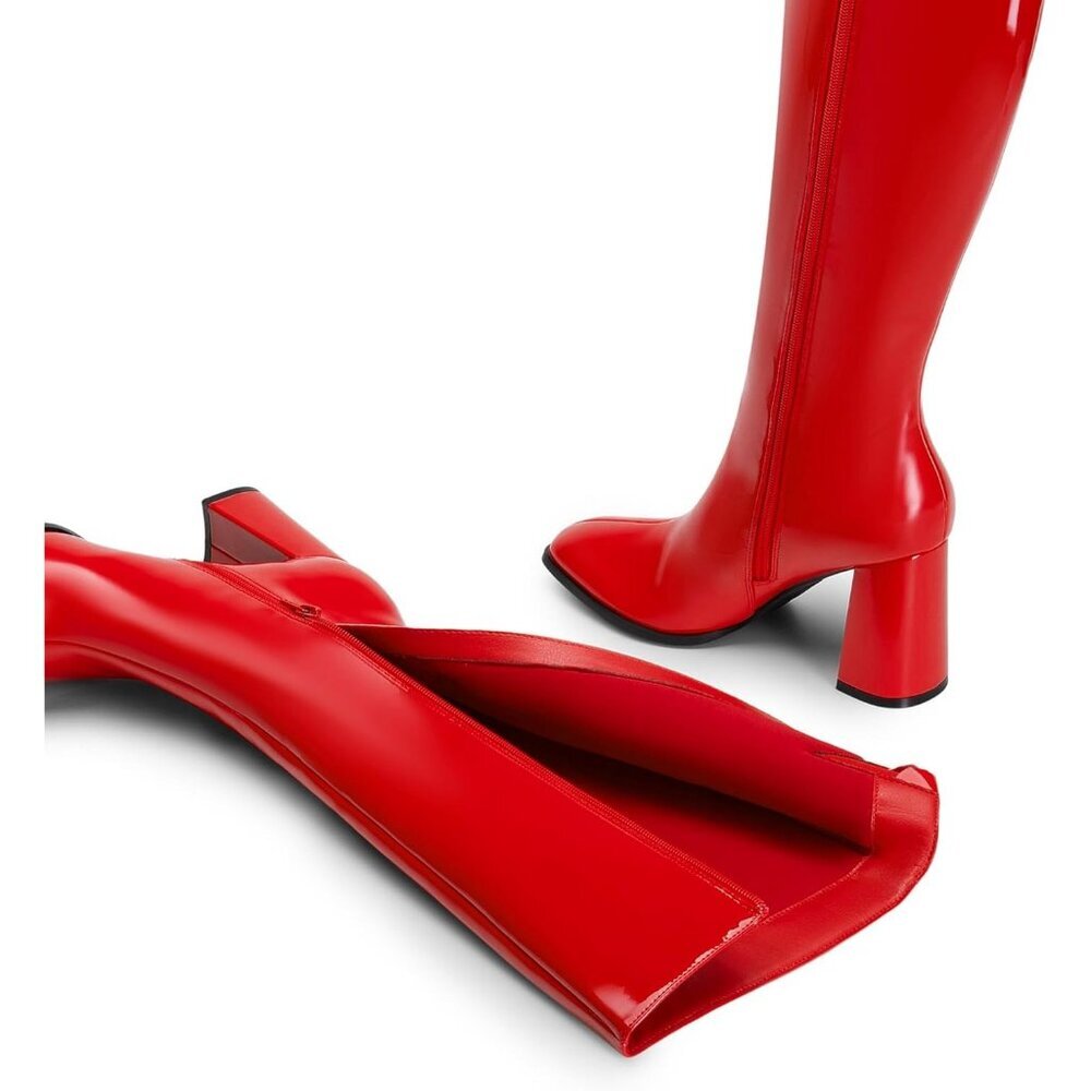 Women's Red DREAM PAIRS Knee-High Boots Square Toe Gogo Chunky Heel Side Zip - Picture 4 of 9